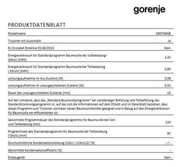 Gorenje D 85F66 NB Kondenstrockner